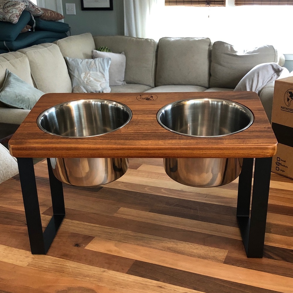 Elevated Brown Wood Pet Feeding Stand with Stainless Bowls